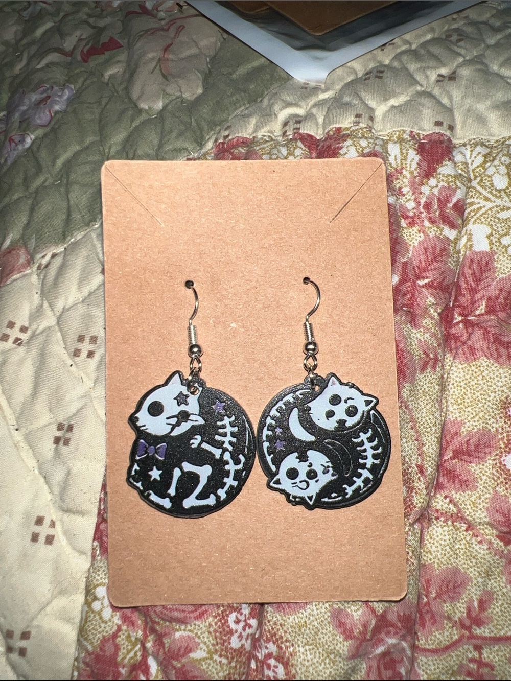 Black & White Cat Yin Yang Skeleton Dangle Earrings